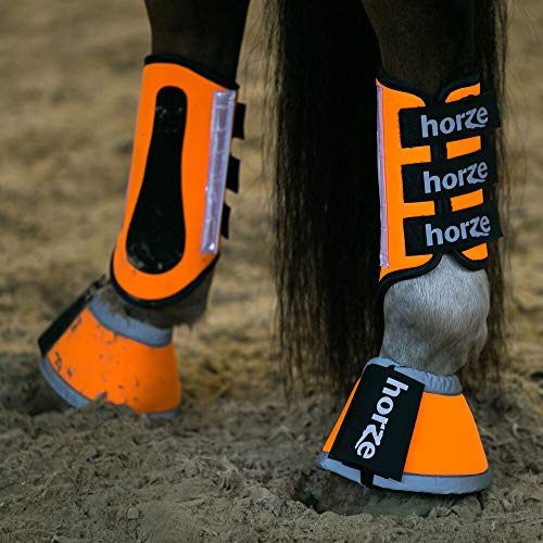 HORZE High-Visibility Reflective Neoprene Horse Bell Boots for Nighttime Horseback Riding - Orange - L