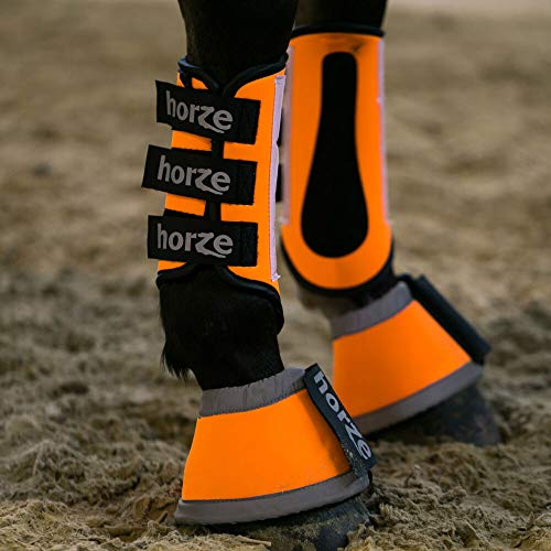 HORZE High-Visibility Reflective Neoprene Horse Bell Boots for Nighttime Horseback Riding - Orange - L