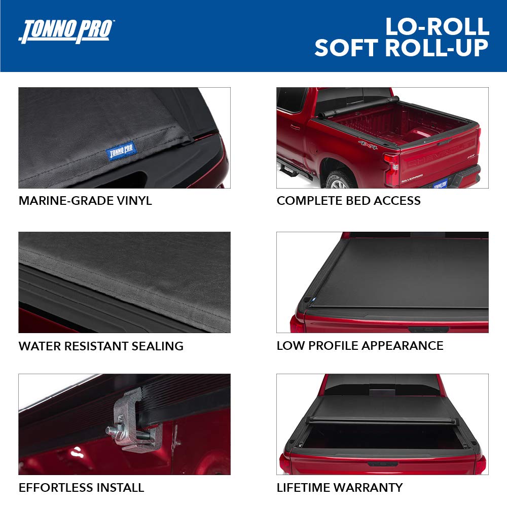 Tonno Pro Lo Roll, Soft Roll-up Truck Bed Tonneau Cover | LR-1030 | Fits 2007 - 2013, 2014 HD Chevy/GMC Silverado/Sierra 1500/2500/3500 6' 7" Bed (78.7")