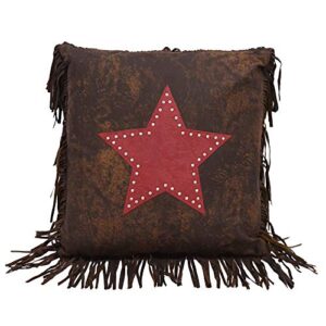 paseo road by hiend accents | cheyenne western fringed star decorative pillow, 18x18 inch, brown and red tooled faux leather rustic cabin throw accent pillow