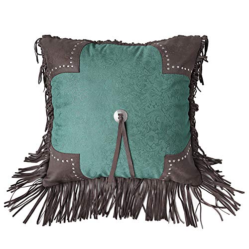 Paseo Road by HiEnd Accents | Cheyenne Western Scalloped Edge Decorative Pillow, 18x18 inch, Brown and Turquoise Tooled Faux Leather Rustic Cabin Throw Accent Pillow