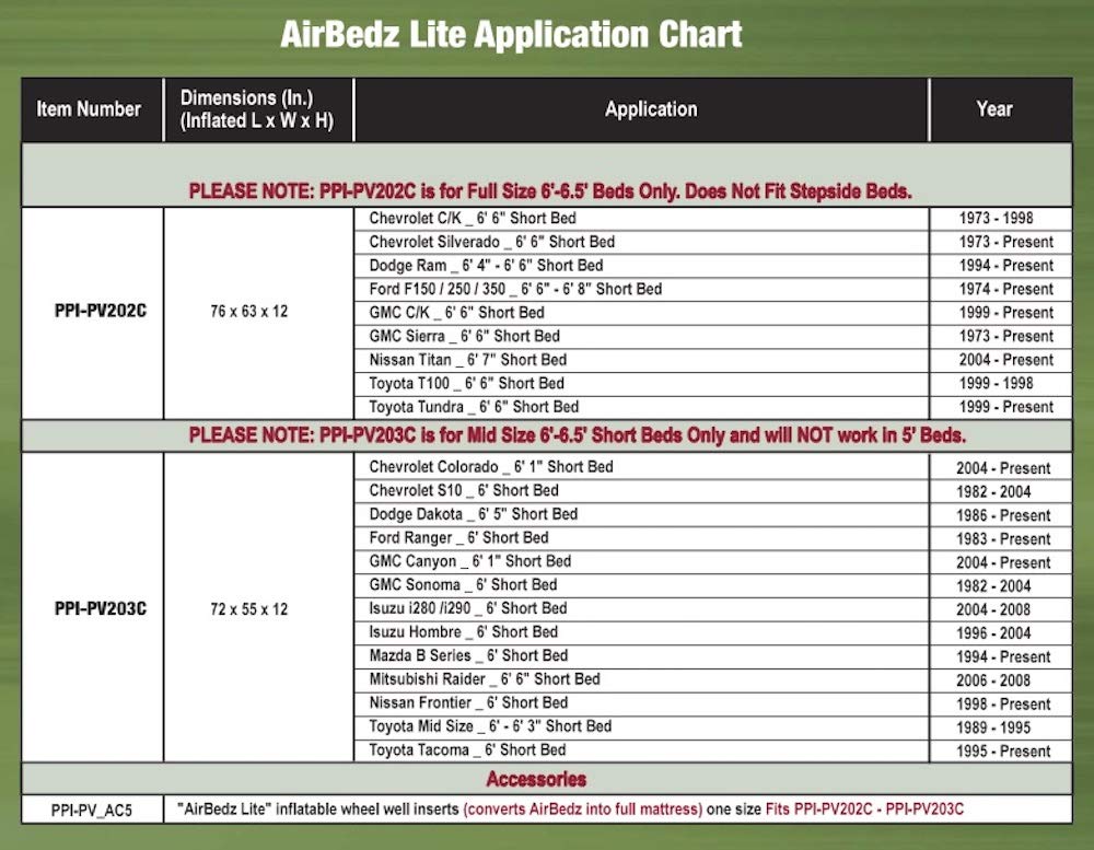 Pittman Outdoors AirBedz Lite PPI PV202C Full Size, Short 6'-6.5' Truck Bed Air Mattress with DC Corded Pump (76"x63"x12" Inflated),Green,Full Size Beds