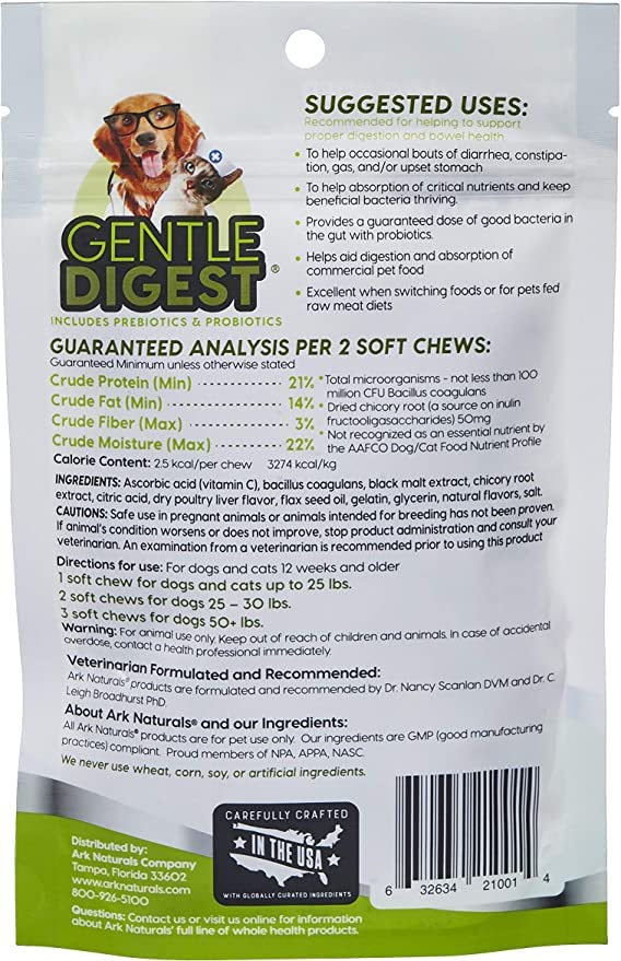 Ark Naturals Gentle Digest Soft Chews, Vet Recommended Dog and Cat Prebiotics and Probiotics, Digestive and Immune System Support, 120 Count