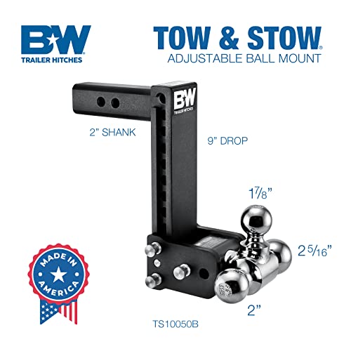 B&W Trailer Hitches Tow & Stow Adjustable Trailer Hitch Ball Mount - Fits 2" Receiver, Tri-Ball (1-7/8" x 2" x 2-5/16"), 9" Drop, 10,000 GTW - TS10050B