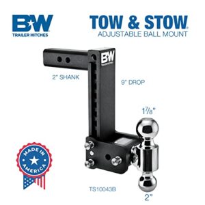 B&W Trailer Hitches Tow & Stow Adjustable Trailer Hitch Ball Mount - Fits 2" Receiver, Dual Ball (2" x 2-5/16"), 9" Drop, 10,000 GTW - TS10043B
