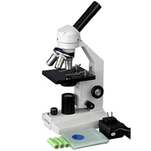 amscope m200c-led cordless monocular compound microscope, wf10x and wf25x eyepieces, 40x-1000x magnification, led illumination, brightfield, single-lens condenser, coarse and fine focus, plain stage, 110v or cordless operation