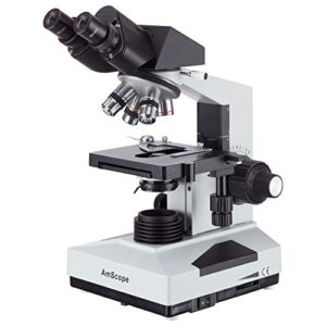 amscope b490 compound binocular microscope, wf10x eyepieces, 40x-1000x magnification, brightfield, halogen illumination, abbe condenser, double-layer mechanical stage, sliding head, high-resolution optics, anti-mold