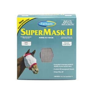 supermask ii fly mask without ears for foals, full face coverage and eye protection from insect pests, structured classic styling mesh with plush trim, foal size