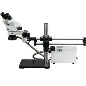 amscope sm-5bz-for professional binocular stereo zoom microscope, wh10x eyepieces, 3.5x-90x magnification, 0.7x-4.5x zoom objective, fiber-optic ring light, ball-bearing double-arm boom stand, 110v-120v, includes 0.5x and 2.0x barlow lenses