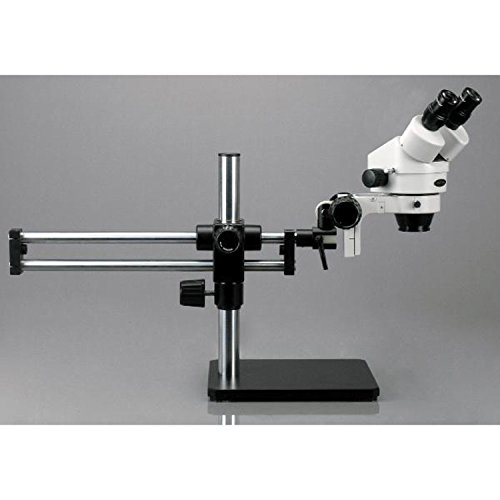 AmScope SM-5BZ-FOR Professional Binocular Stereo Zoom Microscope, WH10x Eyepieces, 3.5X-90X Magnification, 0.7X-4.5X Zoom Objective, Fiber-Optic Ring Light, Ball-Bearing Double-Arm Boom Stand, 110V-120V, Includes 0.5X and 2.0X Barlow Lenses