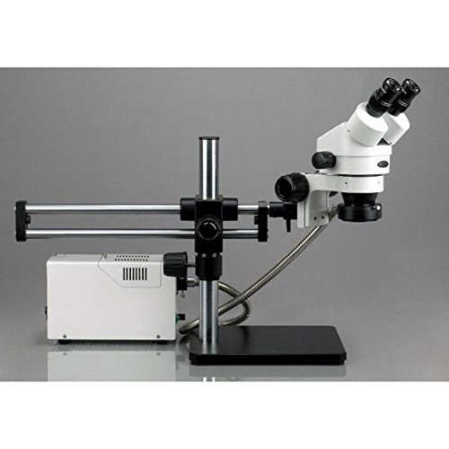 AmScope SM-5BZ-FOR Professional Binocular Stereo Zoom Microscope, WH10x Eyepieces, 3.5X-90X Magnification, 0.7X-4.5X Zoom Objective, Fiber-Optic Ring Light, Ball-Bearing Double-Arm Boom Stand, 110V-120V, Includes 0.5X and 2.0X Barlow Lenses