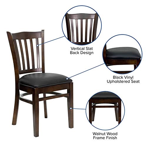 Flash Furniture HERCULES Series Vertical Slat Back Walnut Wood Restaurant Chair - Black Vinyl Seat