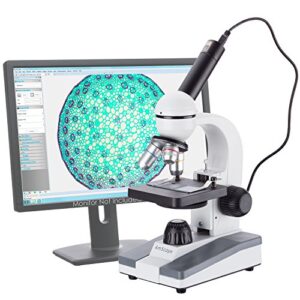 amscope m148c-e compound monocular microscope, wf10x and wf25x eyepieces, 40x-1000x magnification, led illumination, brightfield, single-lens condenser, plain stage, 110v or battery-powered, includes 0.3mp camera and software