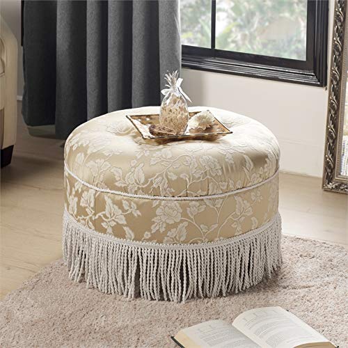 Jennifer Taylor Home Yolanda Collection Traditional Modern Cotton Blend Hand Tufted With Cord and Fringe Round Ottoman, Neutral 24" x 14"