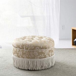 Jennifer Taylor Home Yolanda Collection Traditional Modern Cotton Blend Hand Tufted With Cord and Fringe Round Ottoman, Neutral 24" x 14"