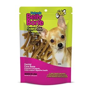 fido belly bones for dogs, 21 yogurt flavor mini dog dental treats (made in usa) - 21 count dog treats for small dogs - plaque and tartar control for fresh breath, digestive health support