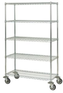 omega precision - 14" deep x 24" wide x 60" high chrome wire 800lb capacity 5 shelf truck qty(5) 14" deep x 24" wide chrome wire shelves qty(4) 54" high posts qty(4) 5" rubber casters (2 w/brake)