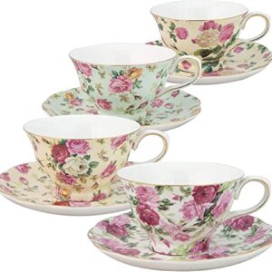 Gracie China by Coastline Imports Rose Chintz 8-Ounce Porcelain Tea Cup and Saucer, Set of 4