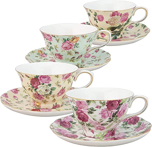 Gracie China by Coastline Imports Rose Chintz 8-Ounce Porcelain Tea Cup and Saucer, Set of 4