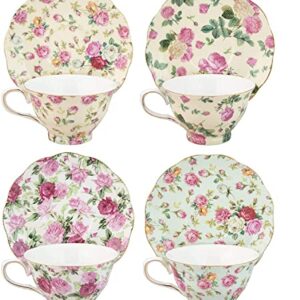 Gracie China by Coastline Imports Rose Chintz 8-Ounce Porcelain Tea Cup and Saucer, Set of 4