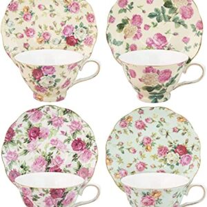 Gracie China by Coastline Imports Rose Chintz 8-Ounce Porcelain Tea Cup and Saucer, Set of 4