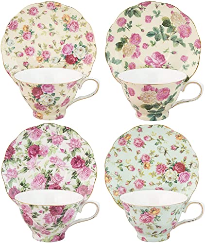 Gracie China by Coastline Imports Rose Chintz 8-Ounce Porcelain Tea Cup and Saucer, Set of 4