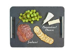 oenophilia slate cheese board with stainless steel handles, charcuterie platter serving board tray for cheese, crackers, and meat