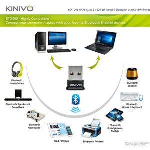 Kinivo USB Bluetooth Adapter for PC BTD400 (Bluetooth 4.0 Dongle Receiver, Low Energy) - Compatible with Windows 11/10/8.1/8/7, Raspberry Pi, Linux, MacOS, Laptop & Headphones