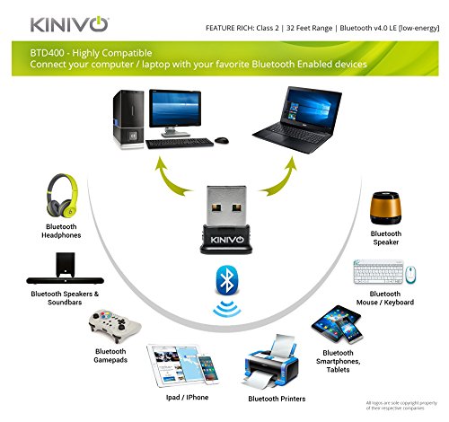 Kinivo USB Bluetooth Adapter for PC BTD400 (Bluetooth 4.0 Dongle Receiver, Low Energy) - Compatible with Windows 11/10/8.1/8/7, Raspberry Pi, Linux, MacOS, Laptop & Headphones