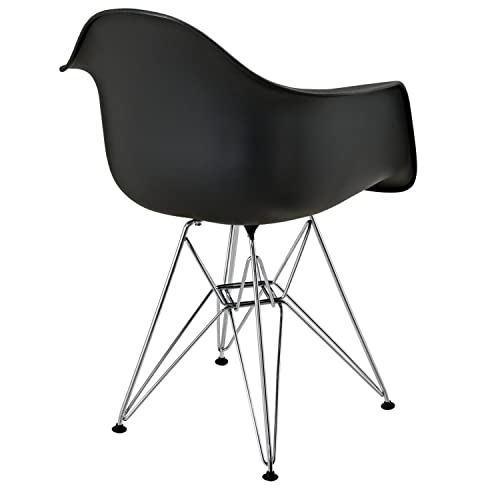 Modway Paris Mid-Century Modern Molded Plastic Dining Armchair with Steel Metal Base in Black