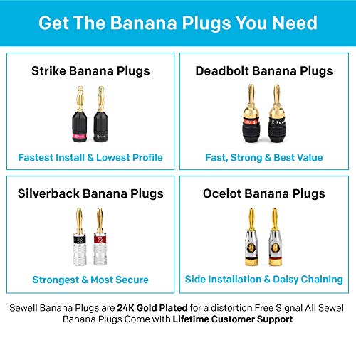 Deadbolt Banana Plugs 6-Pairs by Sewell, Gold Plated Speaker Plugs, Quick Connect, SW-29863-6