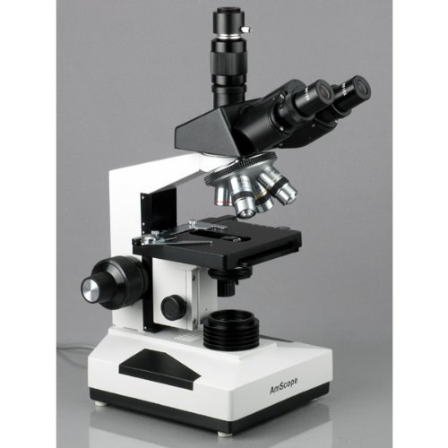 AmScope T490A-LED Compound Trinocular Microscope, WF10x and WF16x Eyepieces, 40X-1600X Magnification, Brightfield, LED Illumination, Abbe Condenser, Double-Layer Mechanical Stage, Sliding Head, High-Resolution Optics