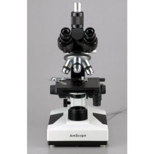 AmScope T490A-LED Compound Trinocular Microscope, WF10x and WF16x Eyepieces, 40X-1600X Magnification, Brightfield, LED Illumination, Abbe Condenser, Double-Layer Mechanical Stage, Sliding Head, High-Resolution Optics