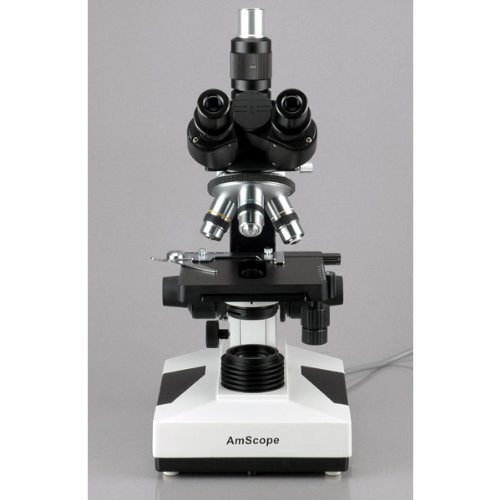 AmScope T490A-LED Compound Trinocular Microscope, WF10x and WF16x Eyepieces, 40X-1600X Magnification, Brightfield, LED Illumination, Abbe Condenser, Double-Layer Mechanical Stage, Sliding Head, High-Resolution Optics