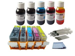 nd ™ brand refillable ink cartridges for canon pgi-220 cli-221 with auto reset chips (arc): pixma pixma ip3600, ip4600, ip4700.. (pre-filled 5 packs) + 5 bottles 100ml nd brand uv resistant bulk refill ink+5 syringes and detail refill instruction. the ite