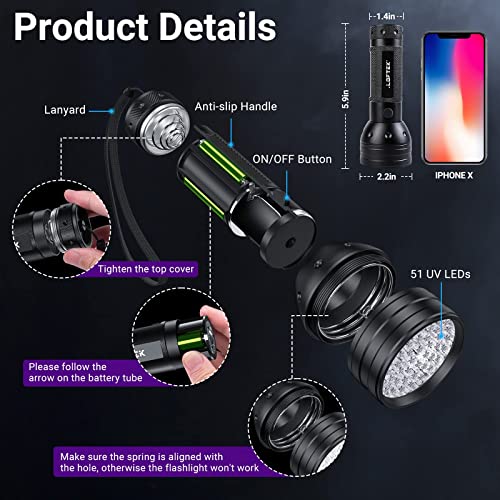 UV Flashlight Black Light, LOFTEK 51 LED 395 nm Blacklight Flashlite Pet Urine Detector for Dog Urine, Dry Stains, Bed Bug, Scorpion, Matching with Pet Odor Eliminator