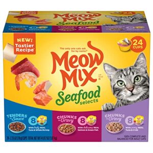 meow mix seafood selections wet cat food, variety pack, 2.75 ounces cup (pack of 24)