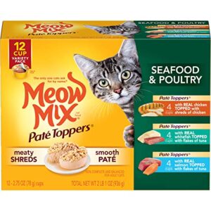 meow mix paté toppers wet cat food, seafood & poultry variety pack, 2.75 ounce, 12 count(pack of 1)