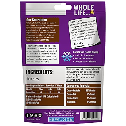 Whole Life Pet Just One Turkey - Cat Treat Or Topper - Human Grade, Freeze Dried, One Ingredient - Protein Rich, Grain Free, Made in The USA