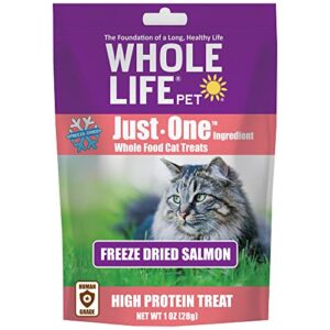 whole life pet just one salmon - cat treat or topper - human grade, freeze dried, one ingredient - protein rich, grain free, made in the usa