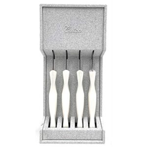cutco model 1864 set of four white (pearl) #1759 table knives plus #1745 tray........................knives have 3.4" double-d® serrated edge blades and 5" handles.............knives are in factory sealed plastic bags.