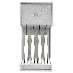 CUTCO Model 1864 set of four White (Pearl) #1759 Table Knives plus #1745 tray........................Knives have 3.4" Double-D® serrated edge blades and 5" handles.............Knives are in factory sealed plastic bags.