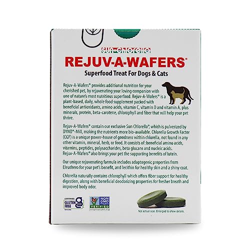 Sun Chlorella Rejuv-A-Wafers Daily Dog Cat & Animal Superfood Supplement - Green Microalgae & Eleuthero Bits - Vitamins, Minerals, Antioxidants Support Immune Defense, Gut Health - 60 Wafers