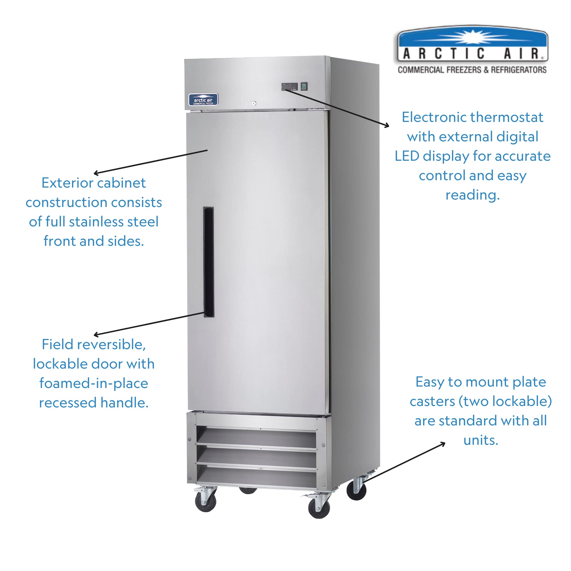 Arctic Air AF23 26 3/4" One Section Single Solid Door Reach-In Freezer, 23 Cubic Feet, Stainless Steel, NSF