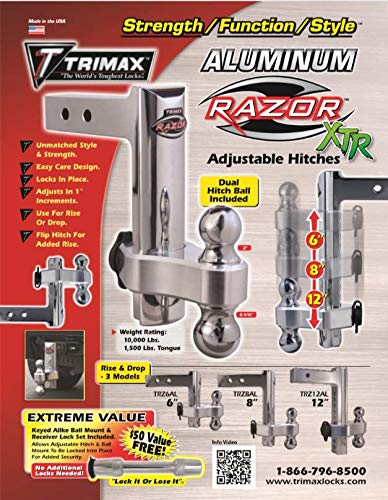 Trimax TRZ12AL 12" Premium Aluminum Adjustable Hitch with Dual Hitch Ball and T3 Receiver Lock