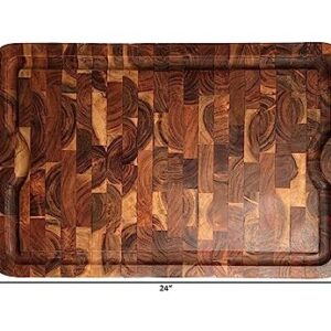 Mountain Woods Brown Organic End-Grain Acacia HardWooden Cutting Board for Kitchen w/Juice Groove | Chopping Board | Butcher Block - 24" x 16" x 1"