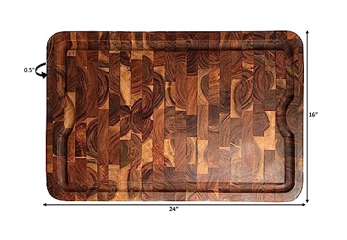 Mountain Woods Brown Organic End-Grain Acacia HardWooden Cutting Board for Kitchen w/Juice Groove | Chopping Board | Butcher Block - 24" x 16" x 1"