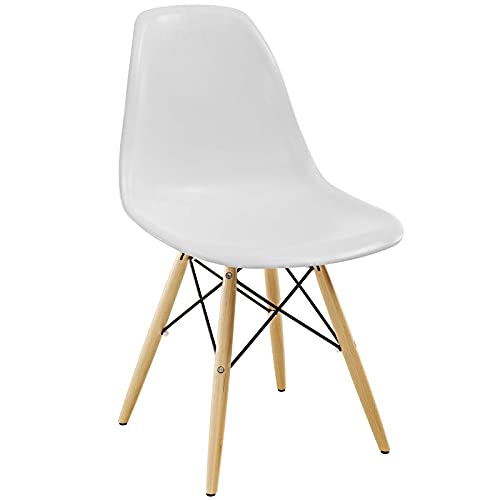 Modway Pyramid Mid-Century Modern Kitchen and Dining Room Chair with Natural Wood Legs in White