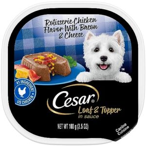 cesar wet dog food loaf & topper in sauce rotisserie chicken flavor with bacon & cheese, (24) 3.5 oz. easy peel trays