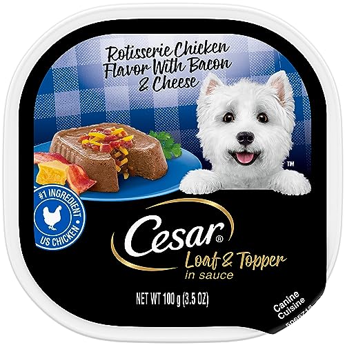 CESAR Wet Dog Food Loaf & Topper in Sauce Rotisserie Chicken Flavor with Bacon & Cheese, (24) 3.5 oz. Easy Peel Trays